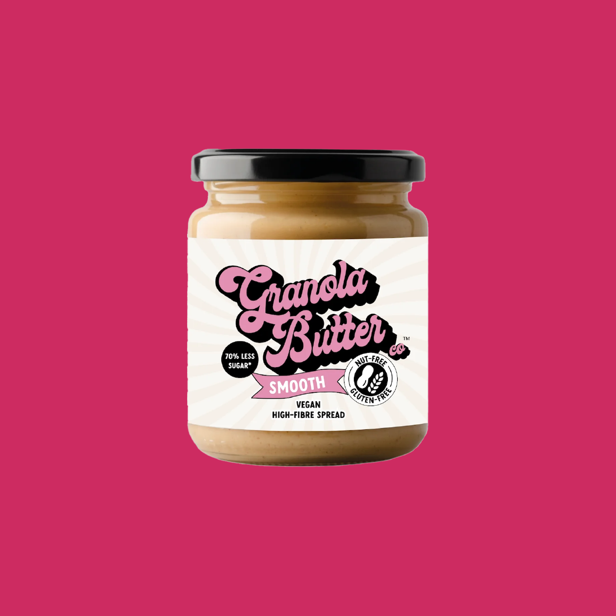 Our Smooth Granola Butter jar, with a pink logo, gluten free and nut free icons visible on the environmentally friendly sweet spread packaging.  