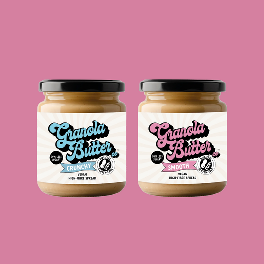 Two jars of Granola Butter, one smooth and one crunchy, placed adjacent to one another. Granola Butter logo and USPs are visible on the recyclable packaging. 